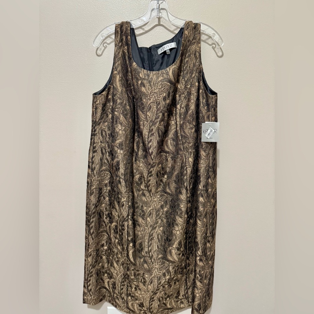 Kasper Brown and Gold Brocade Midi Sheath Dress